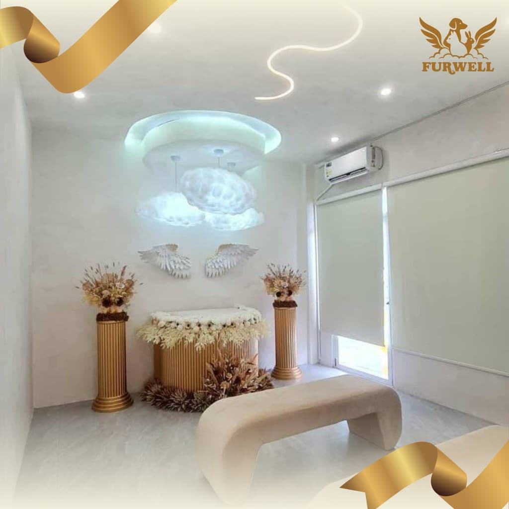 FurWell sanctuary interior: calm memorial space with soft lighting, angel wings, and florals.